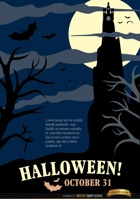 687f5f0e3b143fa02ed78e177ab203b1-halloween-night-party-poster-with-hunted-house-dead-trees