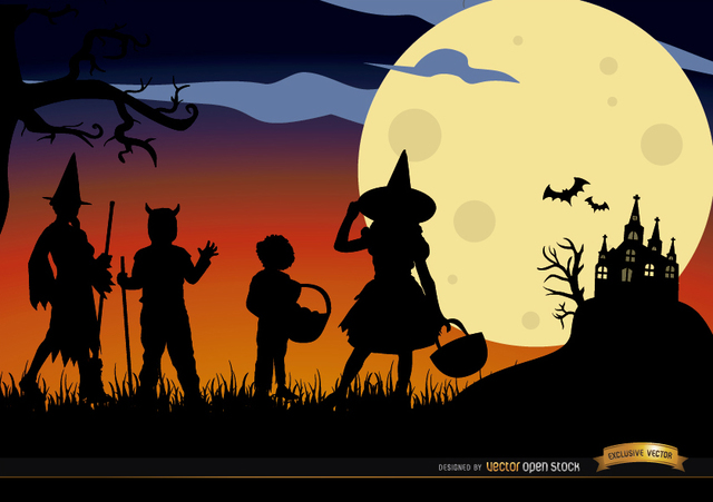7cc411475bfeea146700d55bf66f3bdd-halloween-children-disguised-silhouettes-background