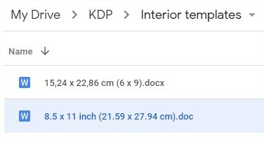 Google Drive KDP 8.5 x 11 inch manuscript template