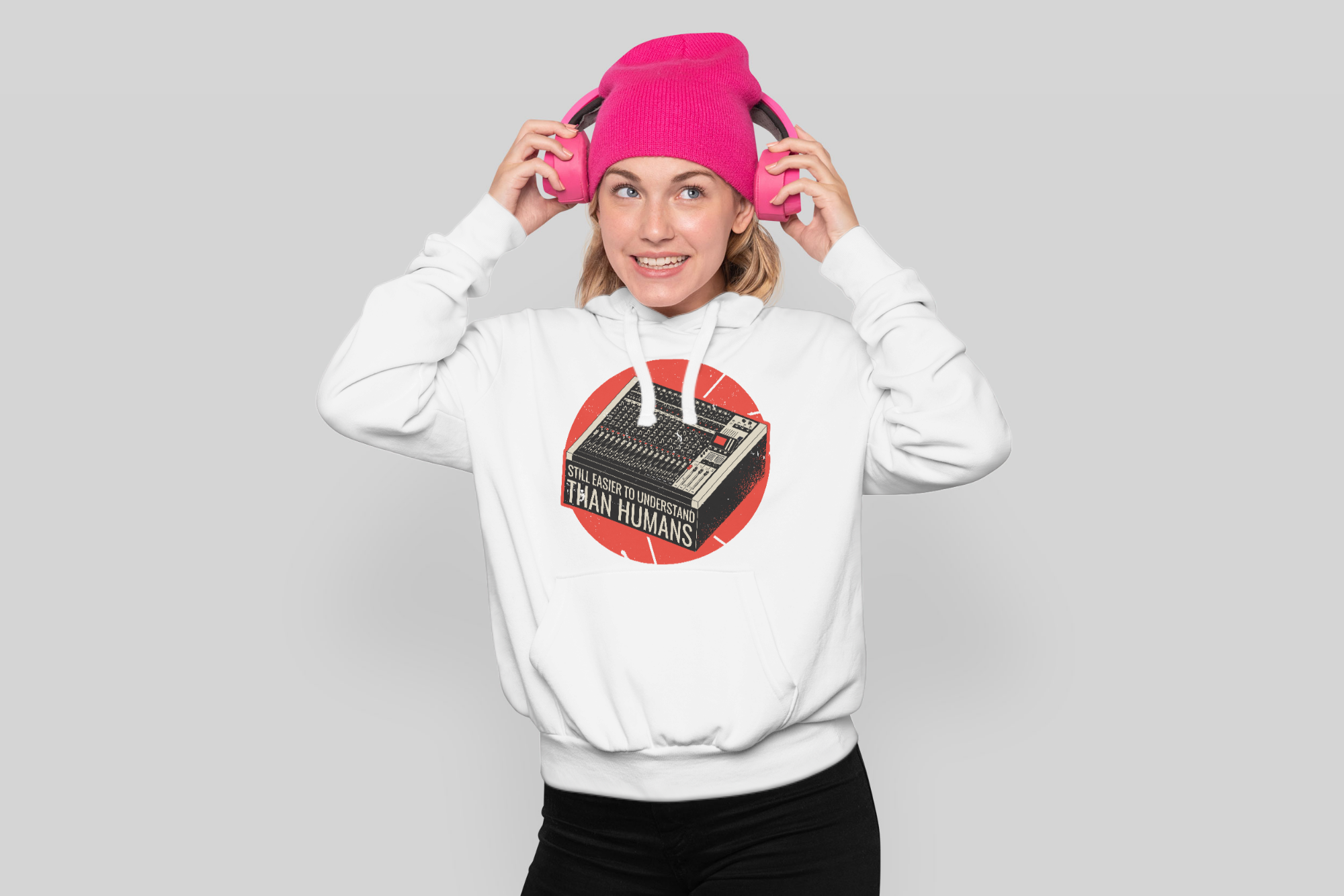 woman with hoodie with a music quote