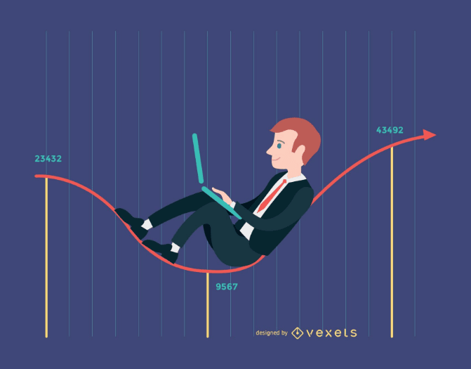Businessman lying with a computer on a curved chart